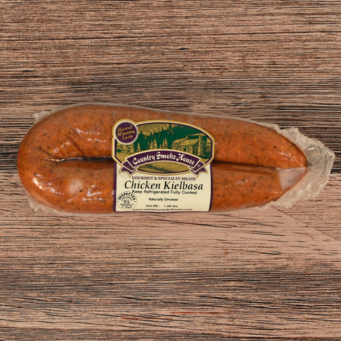 Packaged Chicken Kielbasa on a wooden surface