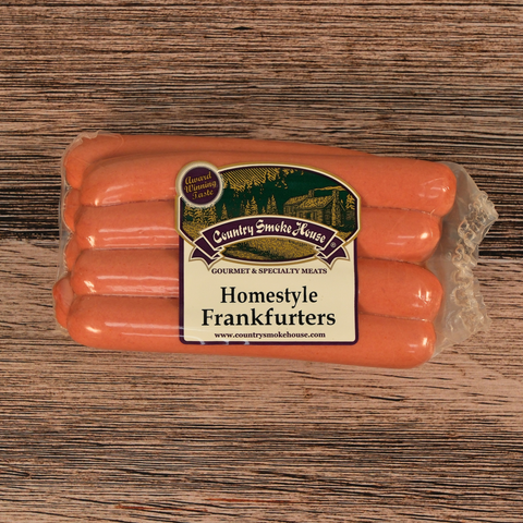 Packaged Homestyle Frankfurters on a wooden surface