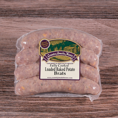Packaged Loaded Baked Potato Brats on a wooden background.