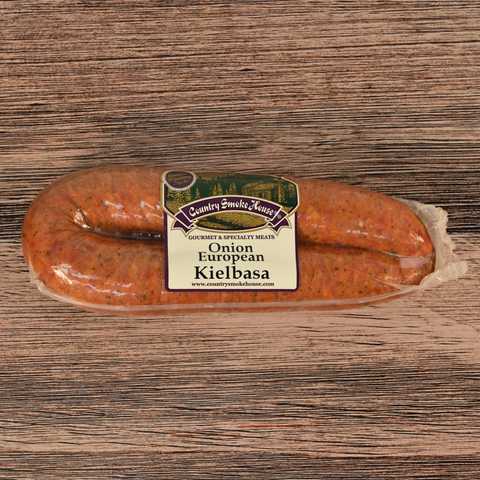Packaged Onion European Kielbasa on a wooden surface