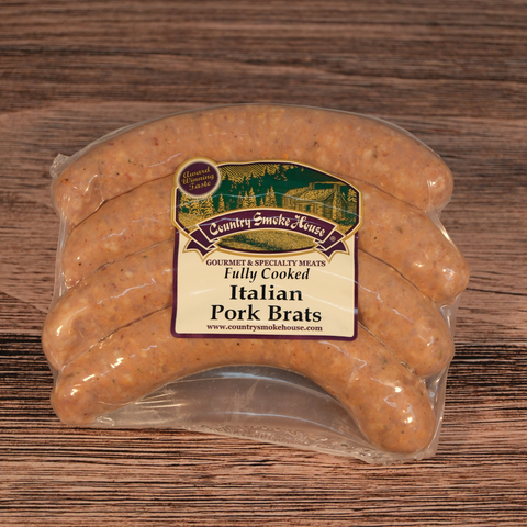 Packaged Italian Pork Brats on a wooden surface