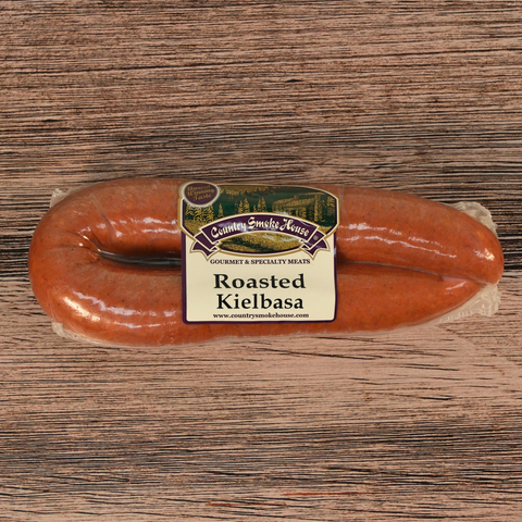 Packaged Roasted Kielbasa on a wooden surface