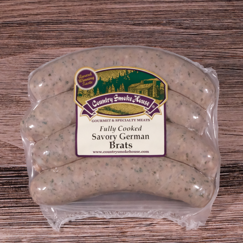 Packaged Savory German Brats on a wooden surface.