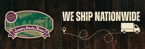 Advertisement for Country Smoke House with a logo and text on a wooden background