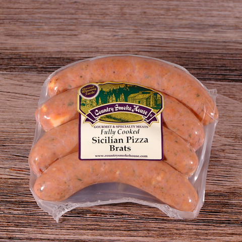 Packaged Sicilian Pizza Brats on a wooden background.