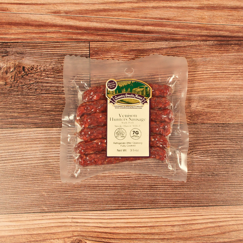 Packaged Venison Hunters Sausage on a wooden surface