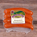 Packaged Homestyle Knockwurst on a wooden surface
