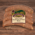 Packaged Mushroom & Swiss Brats on a wooden surface