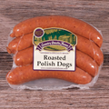 Packaged Roasted Polish Dogs on a wooden surface