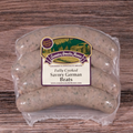 Packaged Savory German Brats on a wooden surface.