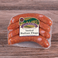 Packaged Smoked Italian Dogs on a wooden surface.