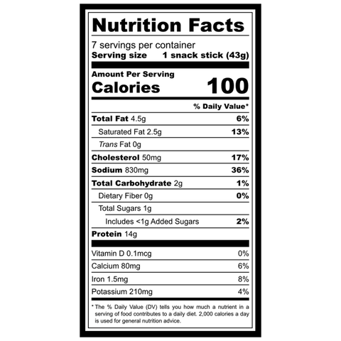 Nutrition facts label for a Uncured Venison Cheddar Cheese Snack Stix