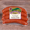 Packaged Venison Italian Dogs on a wooden surface.