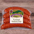 Packaged Venison Stadium Dogs on a wooden surface