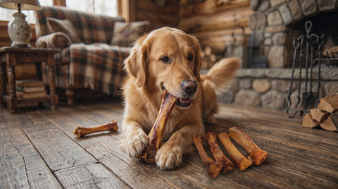 A golden retriever dog lies on a rustic wooden floor in a cozy log cabin living room, chewing on a bone-shaped treat while several similar treats are placed around it. A plaid sofa and stone fireplace are visible in the background.