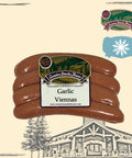 High-quality sausages infused with robust garlic flavor, ideal for snacking, charcuterie boards, and gourmet meals